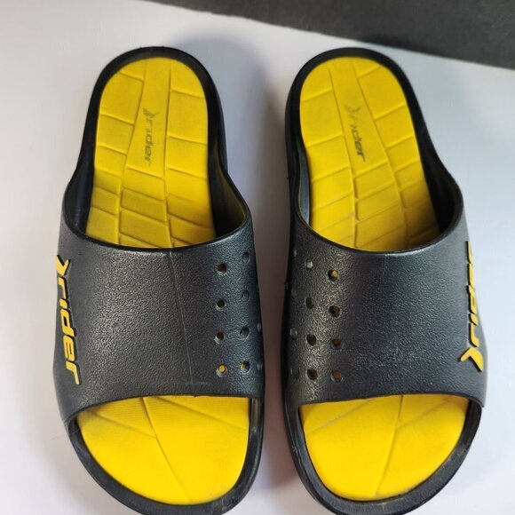 Rider Bay Slip On Slide Sandals Mens 8 Womens 9.5 Black Yellow Rubber Brazil - Picture 7 of 12